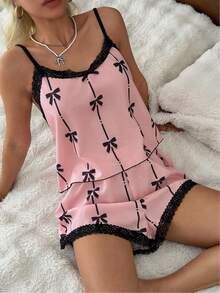 CottageSlumber Bow Print Bubble Crinkle Contrast Lace Trim Cami Top And Shorts Pajama Set - Multicolor - View 3