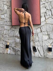 Yohana Edit Coffee Color Knit Tube Top + Long Skirt 2 Pieces Set, Vacation Casual Summer Black Elegant - Black - View 2