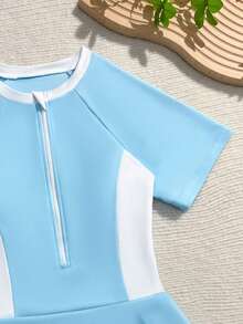 Tween Girl Colorblock Vacation Zipper Half-Placket Round Neck Short Sleeve Romper - Baby Blue - View 4