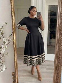 SHEIN Lady CURVE 大尺碼時尚通勤幾何印花洋裝 - 彩色 - 查看 5