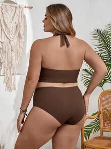 SHEIN CURVE+ Plus Size Women Solid Color 2pcs Bikini Set For Beach, Vacation, Pool, Swimming - Coffee Brown - View 2