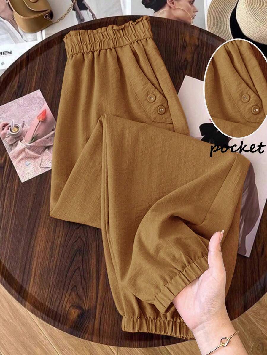 SHEIN LUNE CURVE Plus Size Solid Color Textured Elastic Waist Pocket Loose Pants - Brown - View 1