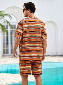 Mercer Haus Men's Orange Vacation Style Half-Placket Short Sleeve Shirt And Shorts Set - Multicolor - View 2