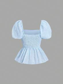 Sweetra 法式甜美清新粉色刺繡百褶A字版型短袖女款春夏上衣 - 藍色 - 查看 2