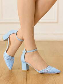 CUCCOO HITCHD White Lace Pointed-Toe Block Heels. Elegant Bridal Shoes For Wedding, Party, Prom And Holidays. Stylish Picks For Spring & Special Events. - Light blue - View 4