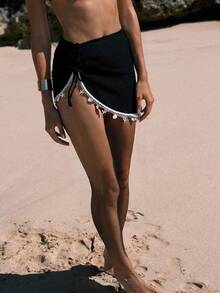 Swim Lushoire Women's Summer Beach Vacation Drawstring Ruched Starfish Shell Tassel Solid Color Special Texture Fabric Split Hem Skirt - Black - View 4