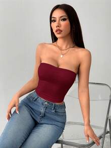 SHEIN PETITE 女款緊身休閒抹胸上衣，適合運動（含胸墊） - 酒紅色 - 查看 6