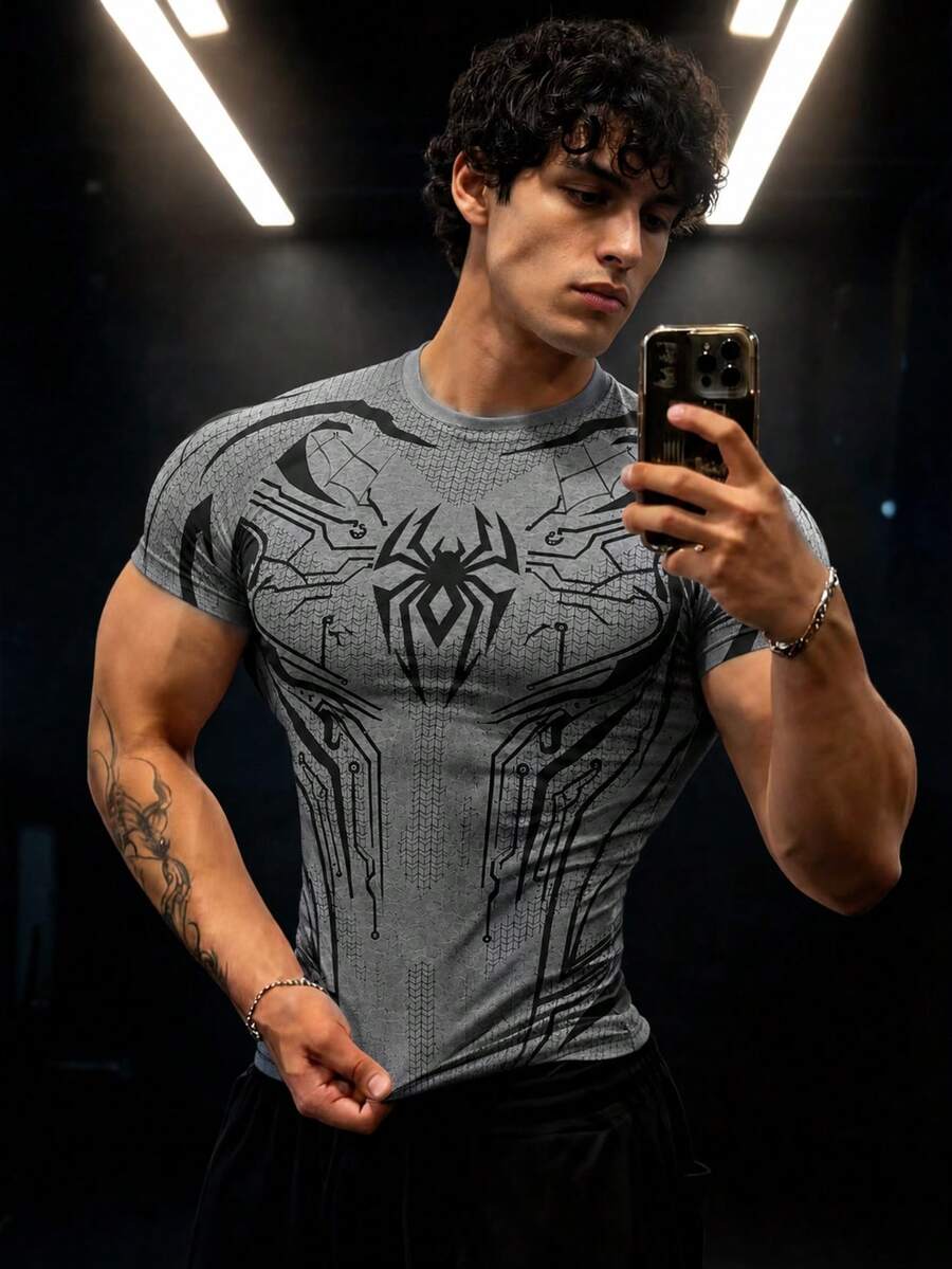 GymBeat 男士蜘蛛圖案短袖修身運動T恤,健身房穿搭 - 彩色 - 查看 1
