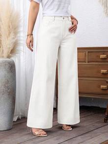 EMERY ROSE Plus Size Women's Loose Casual Denim Wide Leg Pants With Pockets - White - View 5