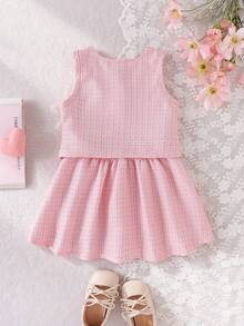 SHEIN Playful Pals 女嬰復古3D花朵仿珍珠鈕扣西裝背心與百褶迷你裙休閒套裝 - 粉色 - 查看 3
