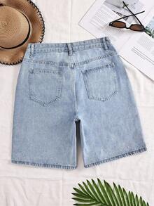 SHEIN Women's Rhinestone Embellished Washed Denim Straight Leg Shorts - Light Wash - View 2