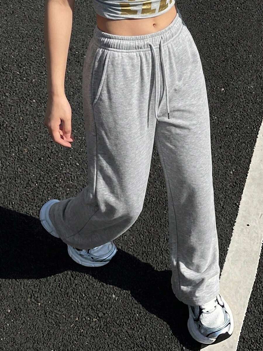 DAZY 女款素色抽繩腰寬腿寬鬆休閒長褲 - 深灰色 - 查看 1
