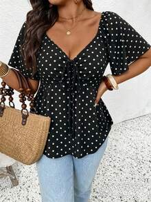 SHEIN Frenchy Plus Size Summer Casual Polka Dot Print T-Shirt - Black - View 6