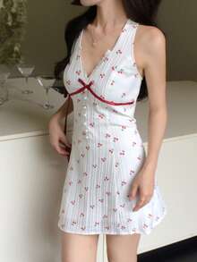 DAZY Women's All-Over Floral Print Tie Bow Korean Style Fresh Summer Dress Vacation Red And White Cute - White - View 4