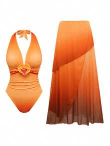 Swim Oasis 2er Set Damen Neuer Badeanzug mit Farbverlauf-Muster, Neckholder, Einteiler mit langem Mesh-Rock, sexy elegant, für Erwachsene, Urlaub, avantgardistisch, minimalistisch, Party - Verschiedenfarbig - Übersicht 1