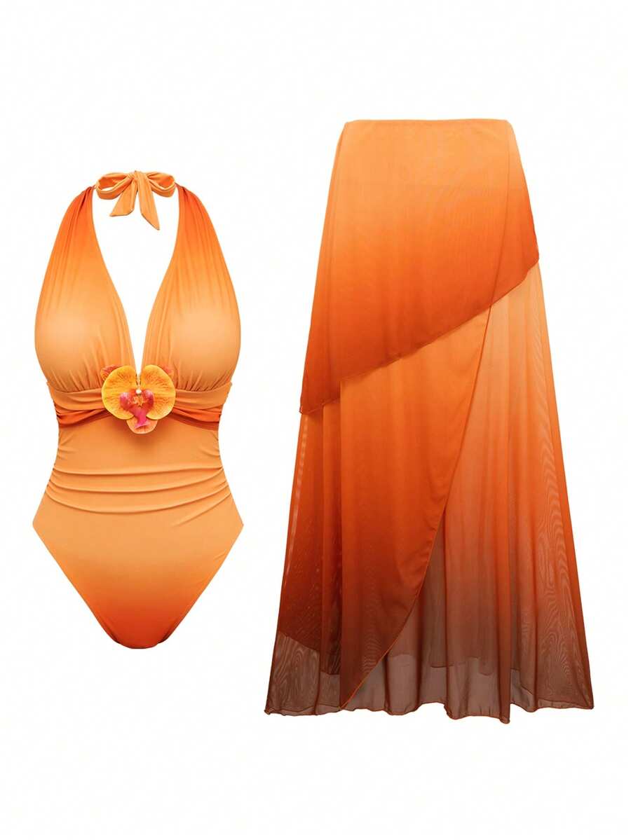 Swim Oasis 2er Set Damen Neuer Badeanzug mit Farbverlauf-Muster, Neckholder, Einteiler mit langem Mesh-Rock, sexy elegant, für Erwachsene, Urlaub, avantgardistisch, minimalistisch, Party - Verschiedenfarbig - Übersicht 1