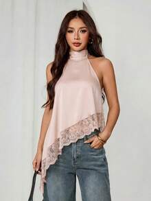 SHEIN PETITE 不對稱高領掛脖上衣 蕾絲飾邊 晚宴派對款 - 淺粉色 - 查看 4