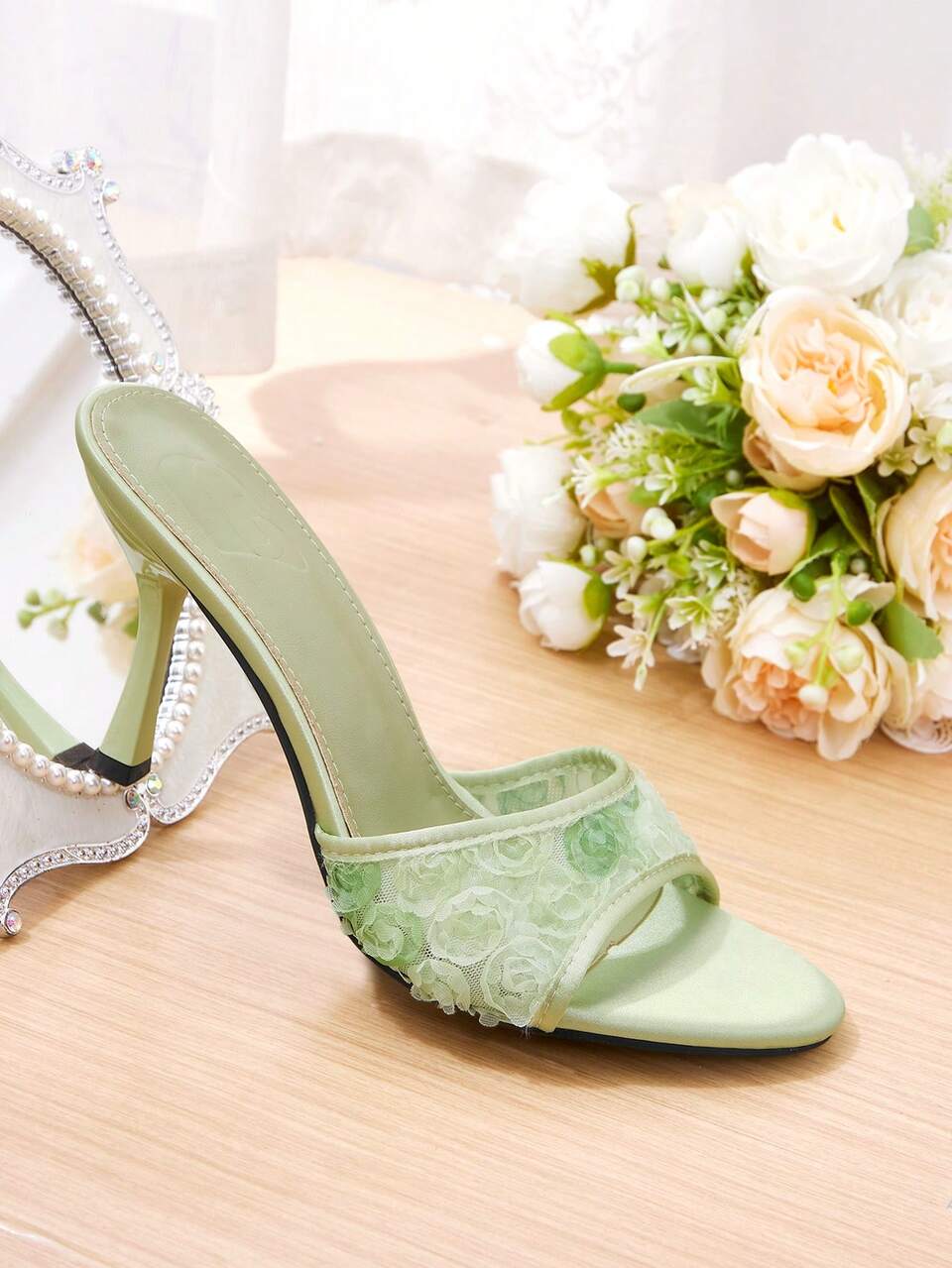CUCCOO HITCHD Women's Shoes Stiletto Round Toe Flower Mesh High Heels Light Green Satin High Heels Sandals Fashionable And Elegant Slingbacks Dating Afternoon Tea Summer