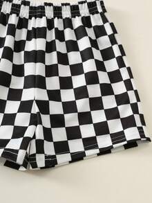 SHEIN 2pcs/Set Baby Boy Summer Cute Casual Knitted Printed Short Sleeve T-Shirt And Elastic Waist Checkered Pattern Shorts Set, Racing Set, Checkered Set, Infant Set, Summer Set, Cute Set - Multicolor - View 6