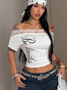 Coolane Women's Summer Elegant Street Wear Y2k Sexy Lace Off Shoulder Tee, Stretchy White And Black Top Night Out - White - View 4