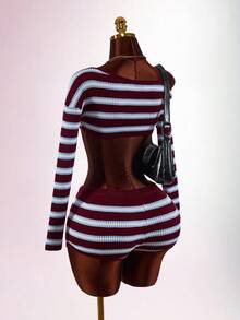 Amplova Women's Vintage Asymmetrical Neck Mini Super Short Knitted Striped Set For Home Party And Back To School - Blue - View 10