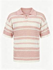 Manfinity LEGND Men's Contrast Color Pink Checkered Short Sleeve Hollow Knit Top Vacation Summer Casual Holiday Old Money Y2k Streetwear Husband Gift - Baby Pink - View 2