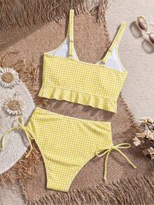 Swim Mod Women's Summer Beach Holiday Plaid Ruffle Trim Tank Bikini - Pale Yellow - View 2