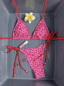 Swim Mod 女款春夏甜美性感熱帶風粉色拼接度假女孩泳衣套裝，適合海灘派對 - 彩色 - 查看 3