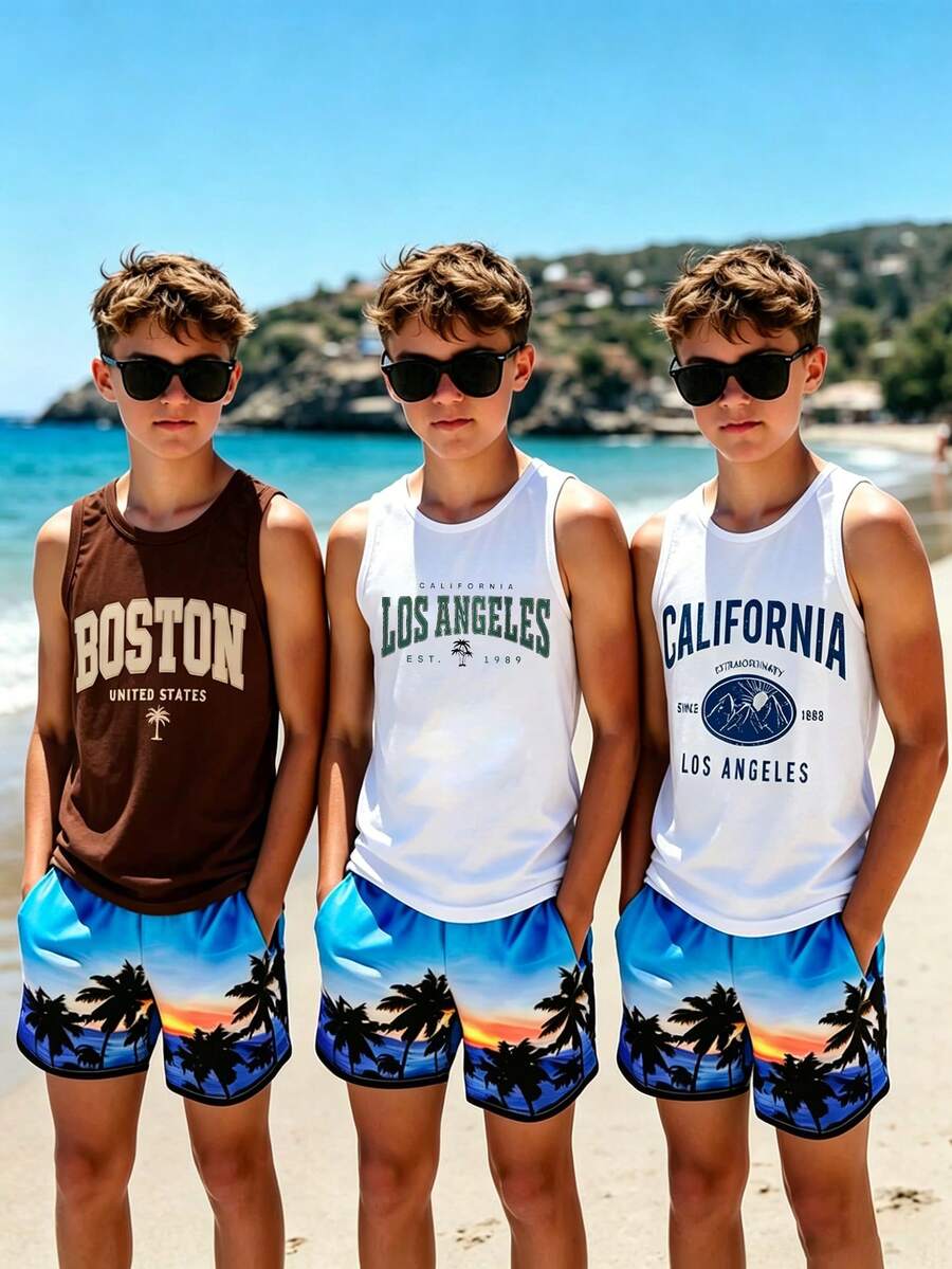 SHEIN Tween Boys 3pcs English Graphic Print Tank Tops, Casual Comfortable Spring Summer, Fashion Style, Suitable For Outings, Outdoor Sports, Picnic - Multicolor - View 1