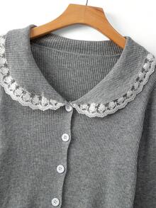 GlowEve CURVE Plus Size Elegant Lapel Lace Trim V-Neck Long Sleeve Cardigan - Grey - View 3