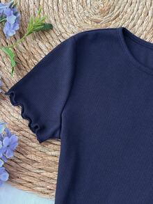 SHEIN 青少年女孩休閒度假套裝 皇家藍圓領圖案印花T恤搭配寬鬆短褲套裝 - 寶藍色 - 查看 6