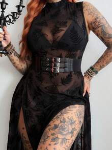 Whyspr Dark High Slit Sheer Long Black Asymmetrical Pattern Dress - Black - View 7