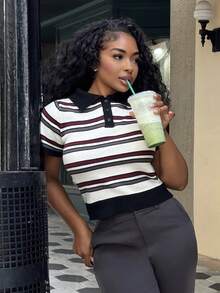 Alexandranx Contrast Striped Polo Collar Short Sleeve Fitted Casual Formal Spring/Autumn Knit Top For Women Summer White - White - View 5