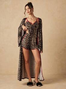 HautHeat Women's Leopard Print Colorblock Camisole Top And Shorts With Long Sleeve Robe 3-Piece Loungewear Set - Coffee Brown - View 1