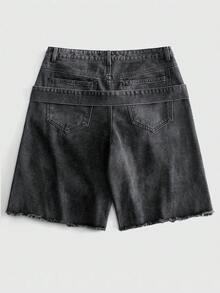 ROMWE MEN Men's Belt Washed Distressed Loose Denim Shorts - Black - View 3