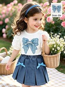 Elladie kids 2件組少女夏季生日套裝，泡泡袖圓領針織上衣配亮片蝴蝶結裝飾＋藍色丹寧百褶裙配緞面蝴蝶結飾 - 藍色 - 查看 1