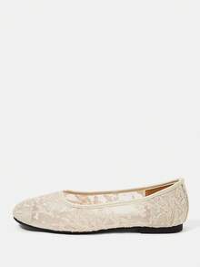 CUCCOO HITCHD Branches And Leaves Embroidered Round Toe Flats, Gentle Mesh Yarn Low Vamp Shoes, Commuting Dating Breathable Women's Shoes - Apricot - View 8