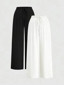 Sweetra Conjunto de 2 piezas de pantalones largos para mujer talla grande, negro + amarillo, tela texturizada con efecto burbuja y arrugas, sin elasticidad, versátil para el día a día, elegante minimalista casual, cintura ceñida, pantalones deportivos casuales de pierna ancha recta que estilizan, para uso diario - Blanco y Negro - Ver 1