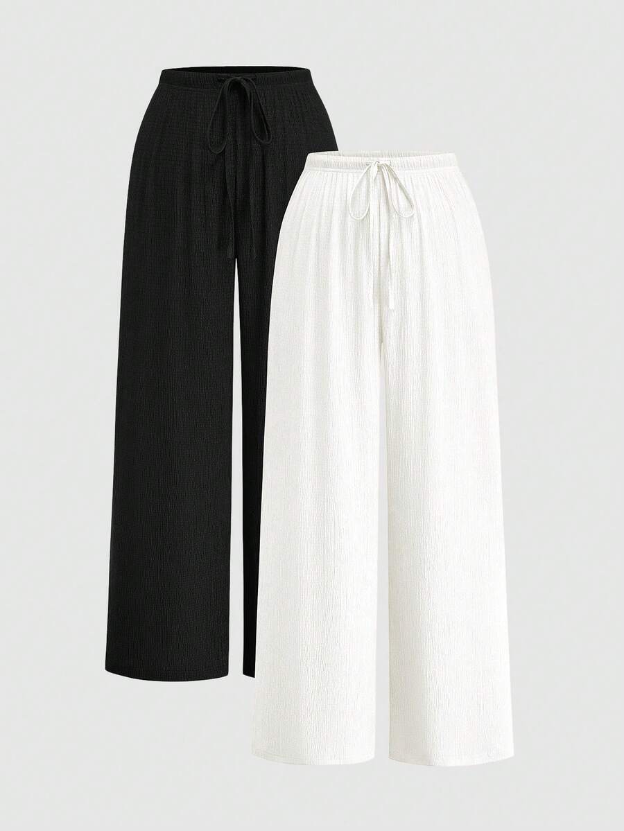 Sweetra Conjunto de 2 piezas de pantalones largos para mujer talla grande, negro + amarillo, tela texturizada con efecto burbuja y arrugas, sin elasticidad, versátil para el día a día, elegante minimalista casual, cintura ceñida, pantalones deportivos casuales de pierna ancha recta que estilizan, para uso diario - Blanco y Negro - Ver 1