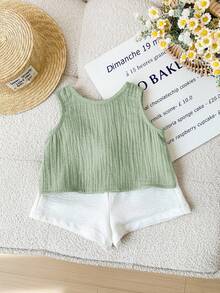 SHEIN ملابس علوية بدون أكمام بتصميم فيونكة كاجوال لطيفة متعددة الاستخدامات لطفلة حديثة الولادة - أخضر نعناع - مشاهدة 3