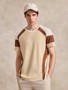 Courvante Men's Casual Colorblock Letter Print Short Sleeve T-Shirt, Summer - Apricot - View 4