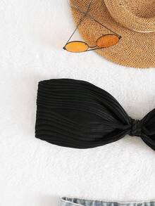 SHEIN Swim Textured Knot Tube Bikini Top,Summer Beach - Black - View 6