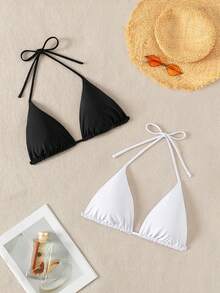 SHEIN Swim Women's Solid Color Bikini Top For Beach Vacation - Black and White - View 1