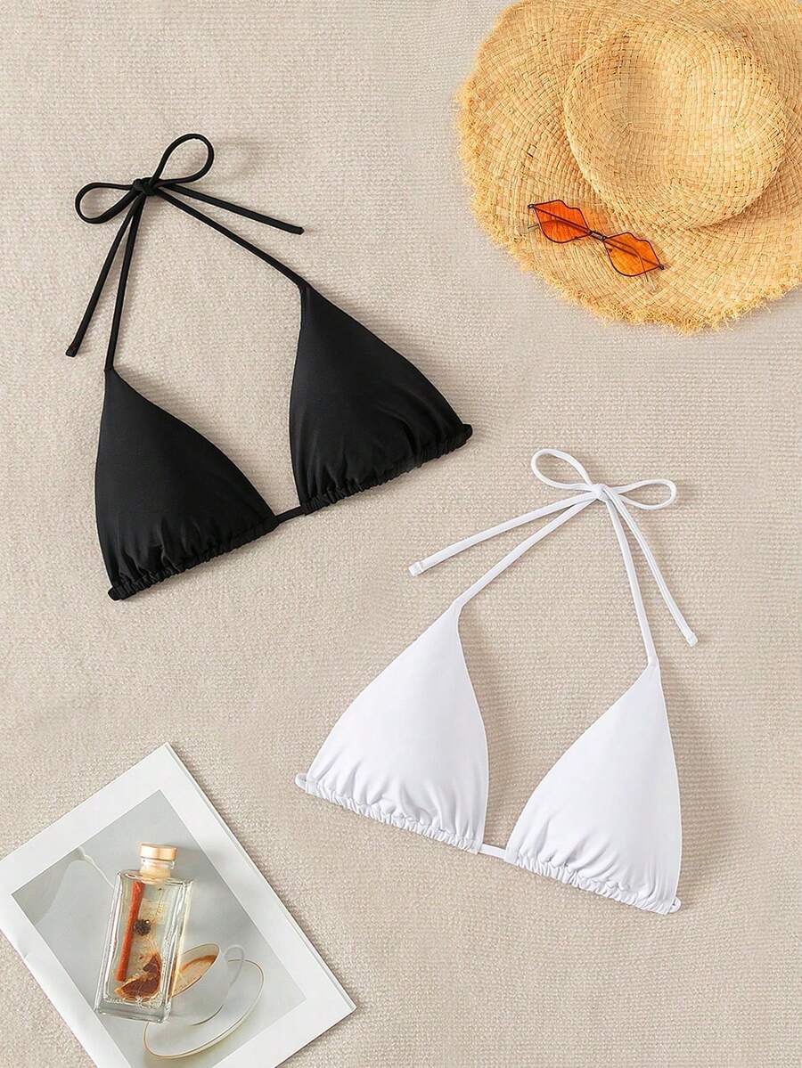 SHEIN Swim Women's Solid Color Bikini Top For Beach Vacation - Black and White - View 1