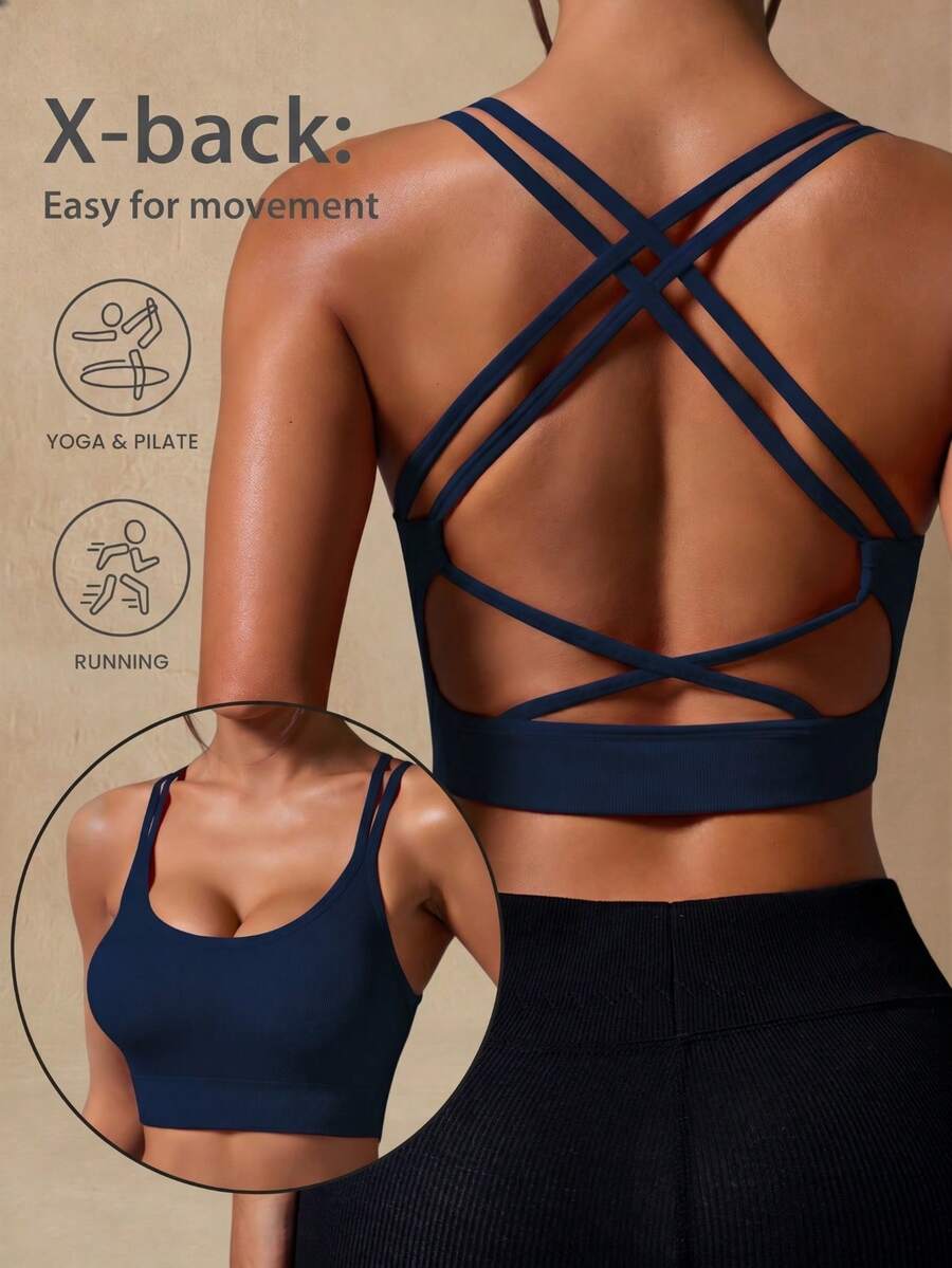 Glamine Seamless Crossover Strap Sports Camisole For Women For Chinese New Year Workout Weight Loss - Navy Blue - View 1