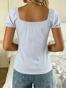 CovetEZ Blue Striped Print Square Neck Petal Sleeve Tie Front Tee, Suitable For Summer,Summer Top - Multicolor - View 2
