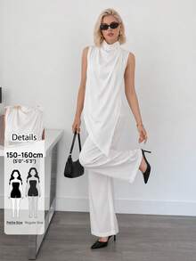 SHEIN PETITE 女款極簡優雅日常休閒通勤穿搭 白色緞面無袖小立領百褶領 寬鬆不對稱高低下擺襯衫上衣與寬鬆直筒長褲套裝，優雅套裝，教師套裝，適合嬌小女性 - 白色 - 查看 7