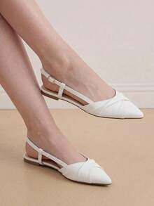 Eladyva 秋冬女式新款舒适简约百搭时尚法式尖头拖鞋，系带，软底，软皮革，一脚蹬，适合搭配连衣裙、平底鞋 - 白色 - 查看 4