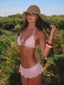 Swim Mod 2pcs Solid Color Minimalist Sexy Spaghetti Strap Halter Triangle Bikini Top And Wavy Edge Triangle Bikini Bottom Set - Pink - View 3