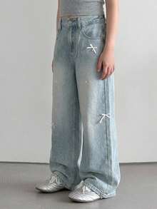 Dazy Kids Jeans de Mezclilla para Niñas Primavera/Verano Nuevo Estilo Bolsillo Trasero con Strass Acampanados (Grande) - Azul lavado medio - Ver 3